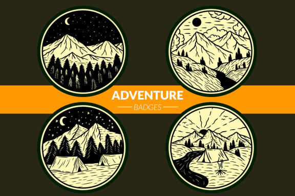 24 Adventure Mountain forest Camping nature Badges Explore outdoors Hand Drawn