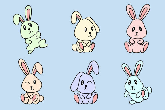 30 Set Collection Cute Rabbit Bunny pose face ears Flat art animals doodles clipart