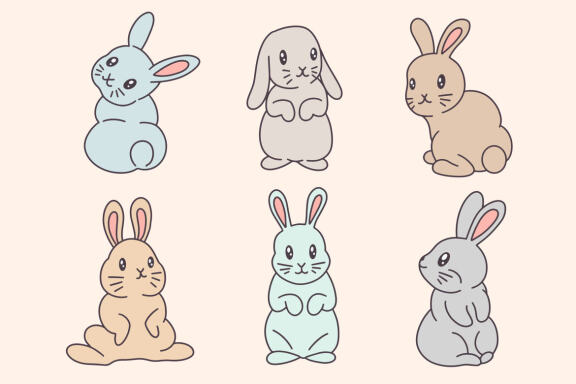 30 Set Collection Cute Rabbit Bunny pose face ears Flat art animals doodles clipart