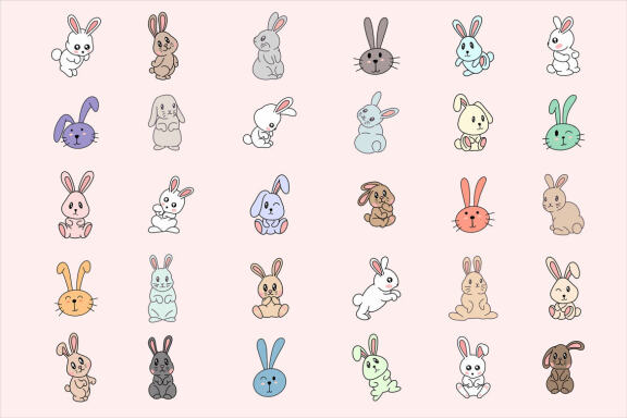 30 Set Collection Cute Rabbit Bunny pose face ears Flat art animals doodles clipart