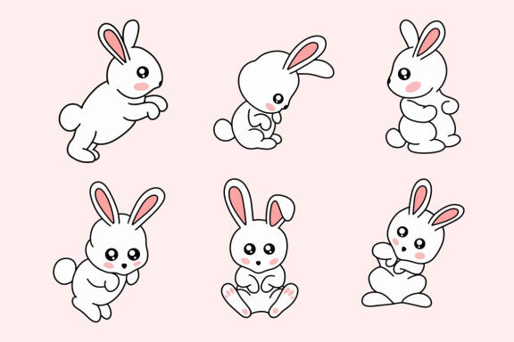 30 Set Collection Cute Rabbit Bunny pose face ears Flat art animals doodles clipart