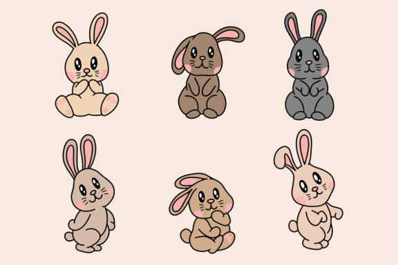 30 Set Collection Cute Rabbit Bunny pose face ears Flat art animals doodles clipart