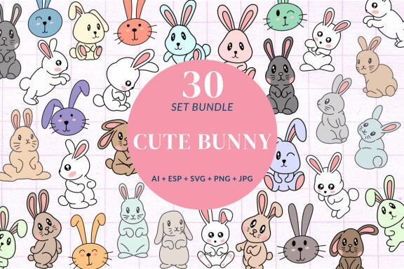 30 Set Collection Cute Rabbit Bunny pose face ears Flat art animals doodles clipart