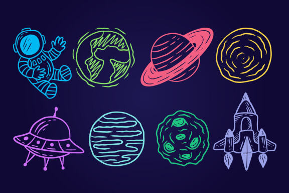 40 Set Collection Planetary Space Galaxy planets Cartoon astronaut Hand Drawn colorful doodle