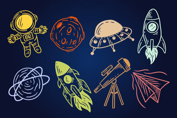 40 Set Collection Planetary Space Galaxy planets Cartoon astronaut Hand Drawn colorful doodle