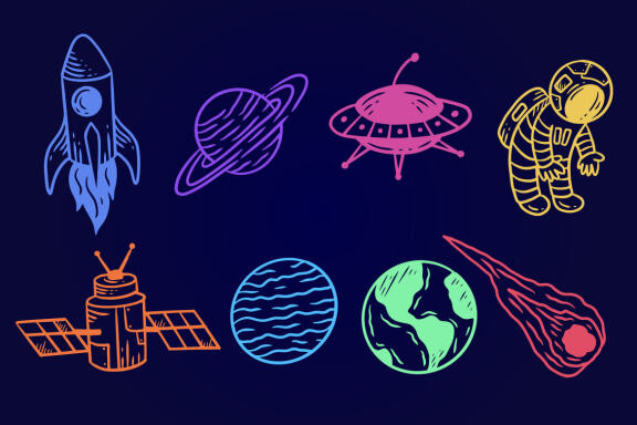 40 Set Collection Planetary Space Galaxy planets Cartoon astronaut Hand Drawn colorful doodle
