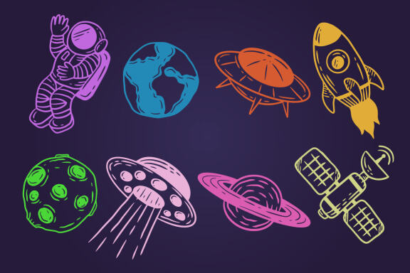 40 Set Collection Planetary Space Galaxy planets Cartoon astronaut Hand Drawn colorful doodle