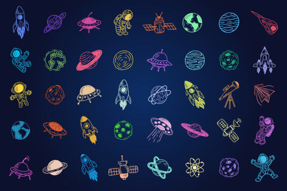 40 Set Collection Planetary Space Galaxy planets Cartoon astronaut Hand Drawn colorful doodle