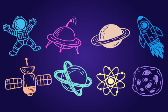 40 Set Collection Planetary Space Galaxy planets Cartoon astronaut Hand Drawn colorful doodle