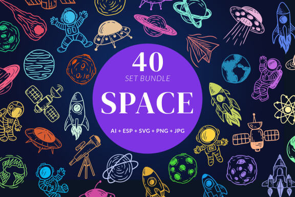 40 Set Collection Planetary Space Galaxy planets Cartoon astronaut Hand Drawn colorful doodle