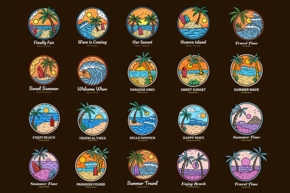 20 Set Bundle Summer Badges island vibes wave Trees Beach Sunset Retro Vintage Tropical