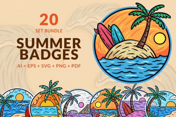20 Set Bundle Summer Badges island vibes wave Trees Beach Sunset Retro Vintage Tropical