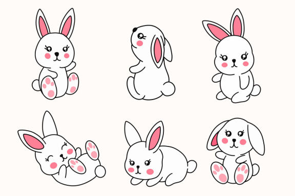 36 Set Cute Bunny Rabbit Kawaii Easter Bunnies Animals Doodle Clipart