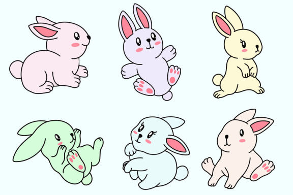 36 Set Cute Bunny Rabbit Kawaii Easter Bunnies Animals Doodle Clipart