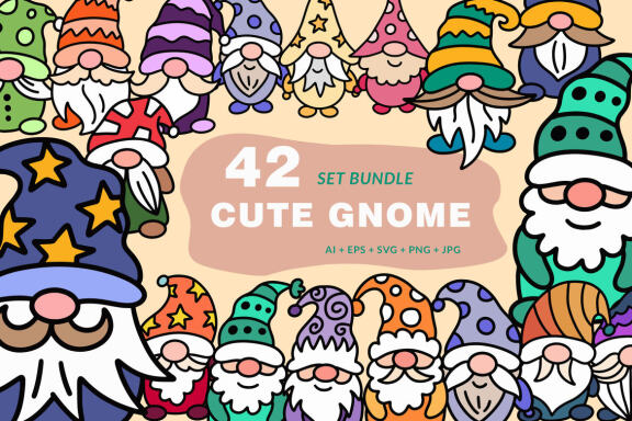 42 Set of Cute Gnome Elf Hand Draw Cartoon Doodle Clipart Collection