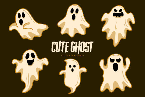 60 Set Cute Ghost Horror Spooky Cartoon flat design hand drawn Spooky emoji funny spirit doodle