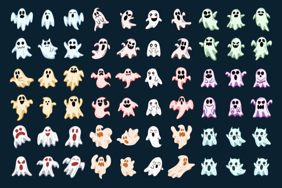 60 Set Cute Ghost Horror Spooky Cartoon flat design hand drawn Spooky emoji funny spirit doodle