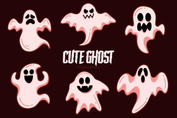 60 Set Cute Ghost Horror Spooky Cartoon flat design hand drawn Spooky emoji funny spirit doodle