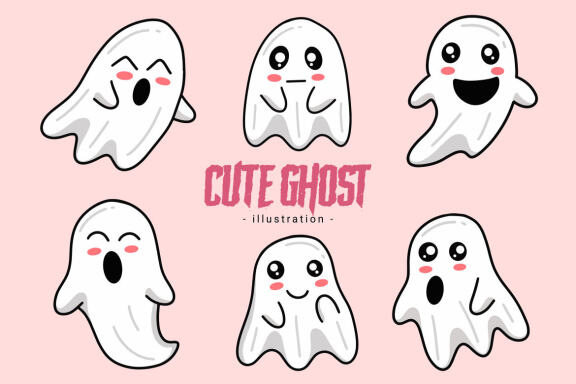 60 Set Cute Ghost Horror Spooky Cartoon flat design hand drawn Spooky emoji funny spirit doodle