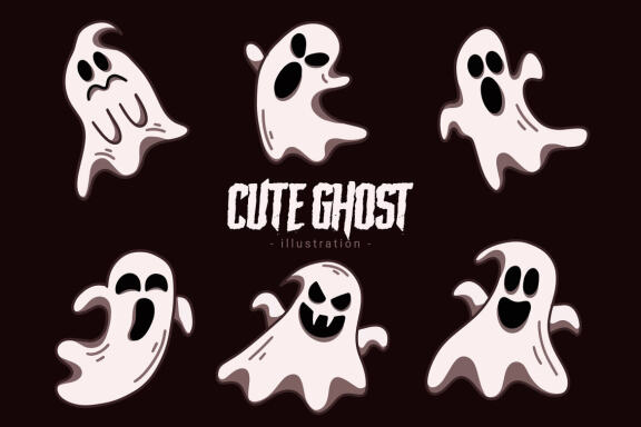 60 Set Cute Ghost Horror Spooky Cartoon flat design hand drawn Spooky emoji funny spirit doodle