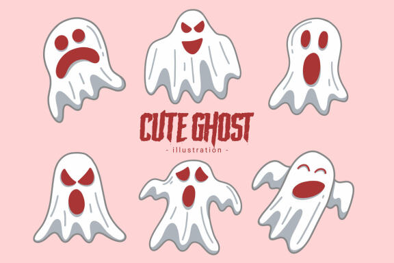 60 Set Cute Ghost Horror Spooky Cartoon flat design hand drawn Spooky emoji funny spirit doodle