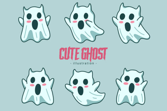 60 Set Cute Ghost Horror Spooky Cartoon flat design hand drawn Spooky emoji funny spirit doodle
