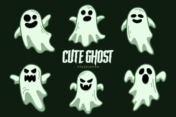 60 Set Cute Ghost Horror Spooky Cartoon flat design hand drawn Spooky emoji funny spirit doodle