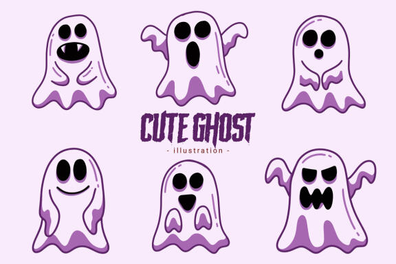 60 Set Cute Ghost Horror Spooky Cartoon flat design hand drawn Spooky emoji funny spirit doodle