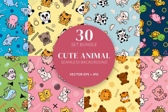 30 Set Bundle Cute Animal Seamless Pattern Background Clipart