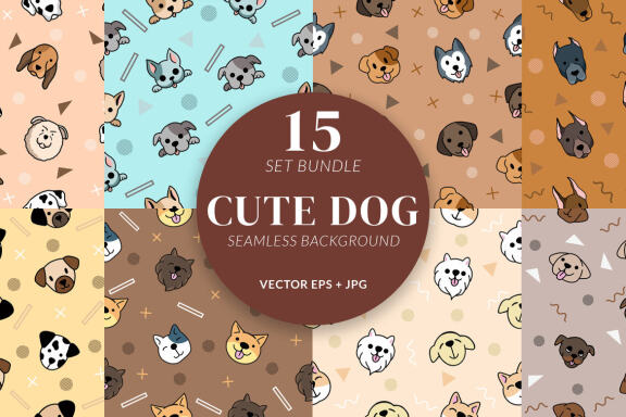 15 Set Bundle Cute Dog Puppies Puppy Seamless Pattern Background Clipart