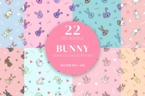 22 Set Bundle Cute Bunny Rabbit Seamless Pattern Background For Kids Clipart