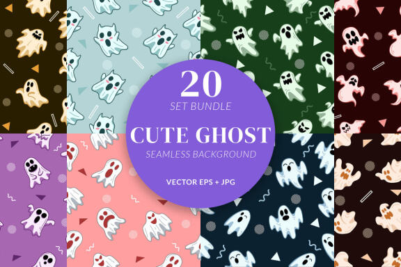20 Set Cute Ghost Horror Halloween Seamless Pattern Background for Kids Clipart