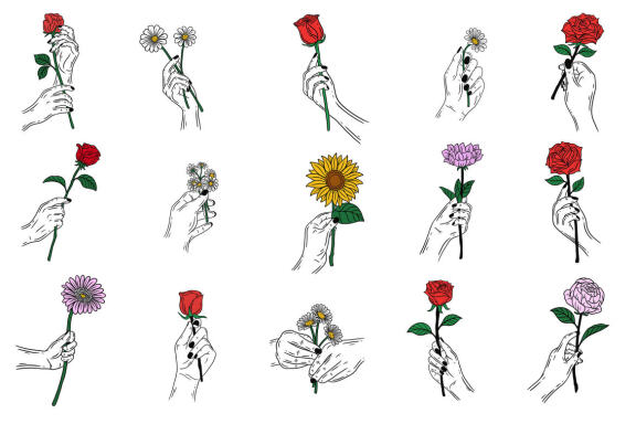 15 Set Bundle Hand Holding Flower Rose Sunflower Beauty pretty female Clipart