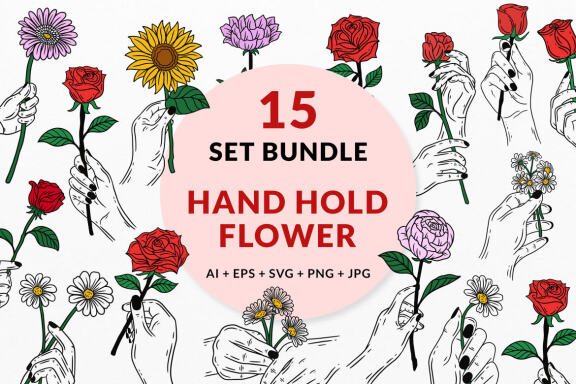 15 Set Bundle Hand Holding Flower Rose Sunflower Beauty pretty female Clipart