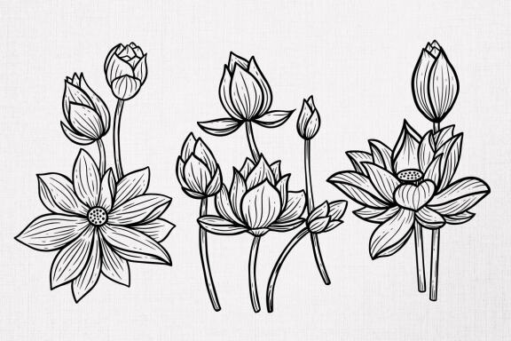 15 Set Bundle Lotus Flower Line Art Relax Meditation Fine Hand Drawn Floral