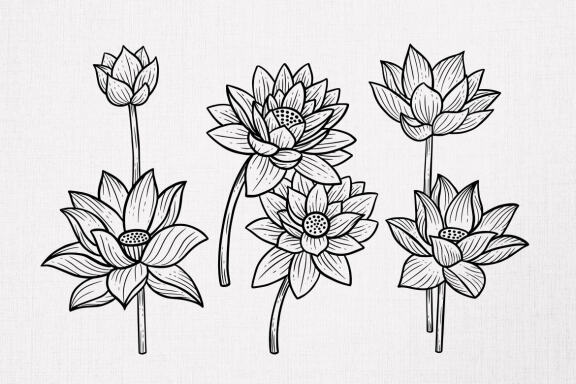 15 Set Bundle Lotus Flower Line Art Relax Meditation Fine Hand Drawn Floral