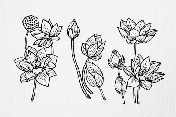 15 Set Bundle Lotus Flower Line Art Relax Meditation Fine Hand Drawn Floral