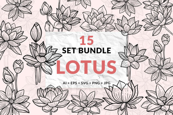 15 Set Bundle Lotus Flower Line Art Relax Meditation Fine Hand Drawn Floral