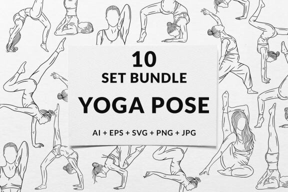 10 Set Bundle Women Yoga Pose Line Art Meditation Namaste Wellness Fitness Clipart