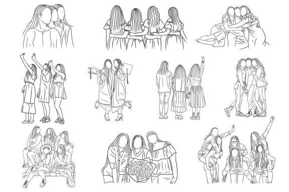 10 Set Bundle Women Girl female Friendship Bestfriend Line Art Hand Drawn Women