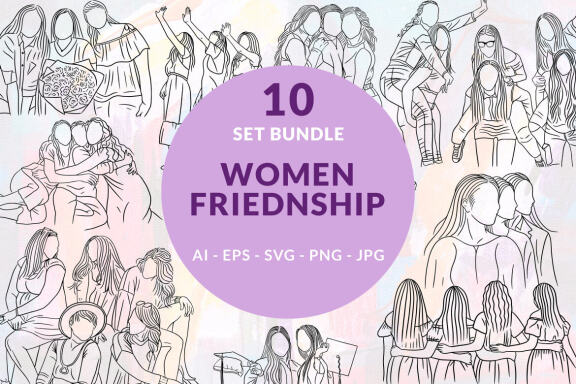 10 Set Bundle Women Girl female Friendship Bestfriend Line Art Hand Drawn Women