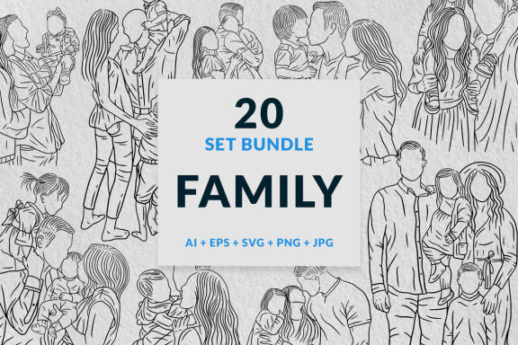 20 Set Bundle Happy Family Love With Mom and Dad with Child Hand Drawn Line Art
