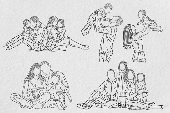 20 Set Bundle Happy Big Family Love With Mom and Dad with Child Hand Drawn Line Art