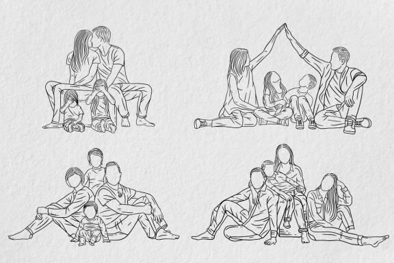 20 Set Bundle Happy Big Family Love With Mom and Dad with Child Hand Drawn Line Art