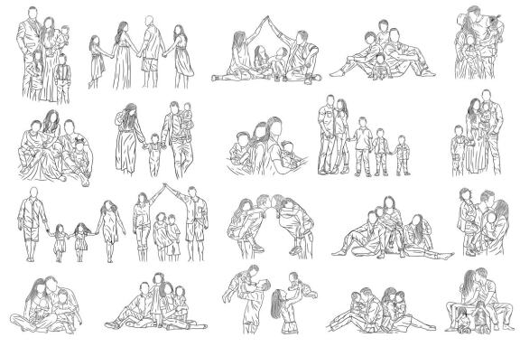 20 Set Bundle Happy Big Family Love With Mom and Dad with Child Hand Drawn Line Art