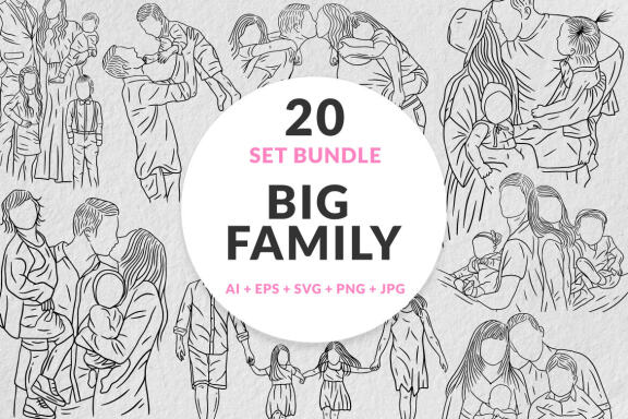 20 Set Bundle Happy Big Family Love With Mom and Dad with Child Hand Drawn Line Art