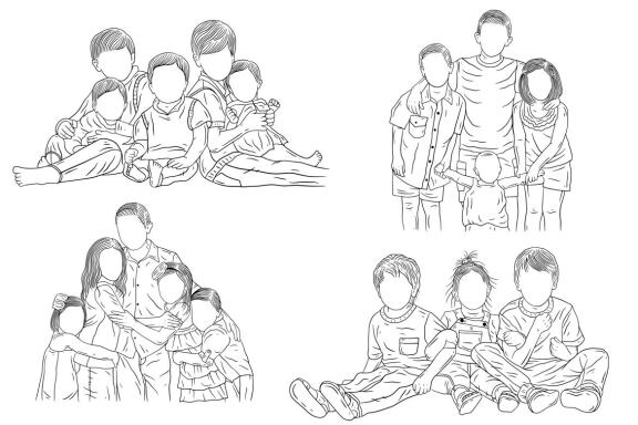 20 Set Bundle Happy Sibling Brother and Sister Kids Child Hand Drawn Line Art