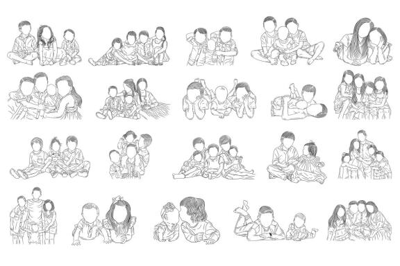 20 Set Bundle Happy Sibling Brother and Sister Kids Child Hand Drawn Line Art