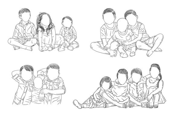 20 Set Bundle Happy Sibling Brother and Sister Kids Child Hand Drawn Line Art