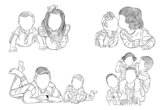 20 Set Bundle Happy Sibling Brother and Sister Kids Child Hand Drawn Line Art